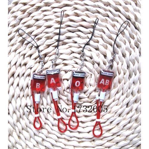 New 300 pcs Mixed Blood Pack A B O AB 4 Style Key Chain Cell Phone Strap Bell Charm Free Shipping M-97