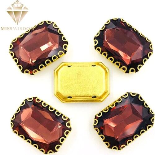 NEW 8X10/10X14/13x18mm sew on rhinestones Wine red Rectangle gold base lacy shape claw glass crystal rhinestones Diy accessories