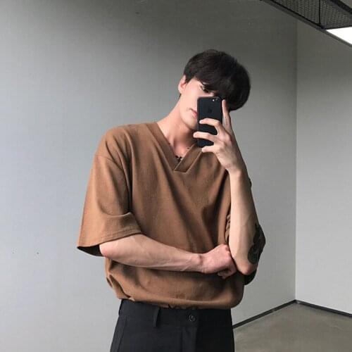 Solid color bottom shirt half sleeve V collar turtleneck loose short sleeve T - shirt casual contracted mens wear