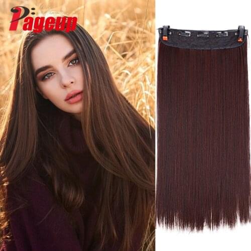 PAGEUP 5 clips on long straight hair extensions 24 Inch synthetic ombre black brown clip on fake hairpieces for women hair