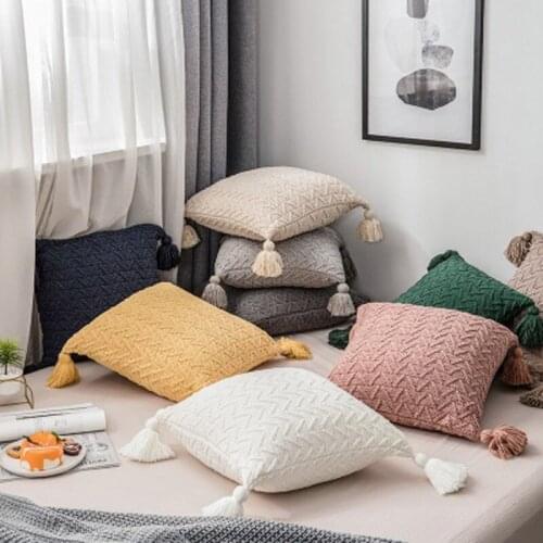 Hand-woven Cotton Thread Cushion Cover with Tassels knitting Bohemia Ethnic Pillow Cover Home Decoration
