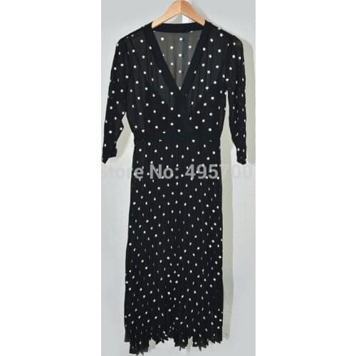ElfStyle Black Wrap V Neck With White Embroidered Flowers Pleated Midi Long Dress Matching With Slip & Elbow Sleeve