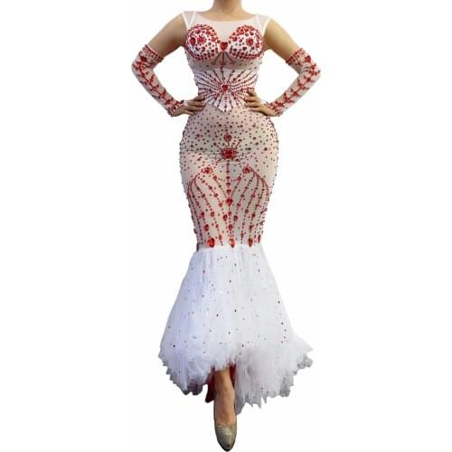 Birthday Celebrate White Outfit Prom Women Dancer Dresses Red Rhinestone Transparent Mermaid Long Dress with Gloves Belt