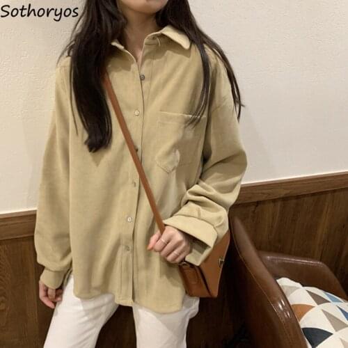 Plus Size 3XL Shirts Women Loose Turn-down Collar Long Sleeve Casual Vintage Females Blouses Corduroy Retro Streetwear Harajuku