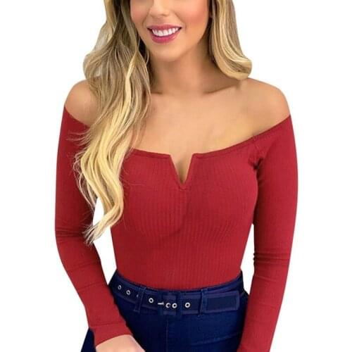 Sexy Knitted Women t-Shirt Casual Slim Long Sleeve Off Shoulder Fashion Bodycon Female Tops Bandage T-shirt
