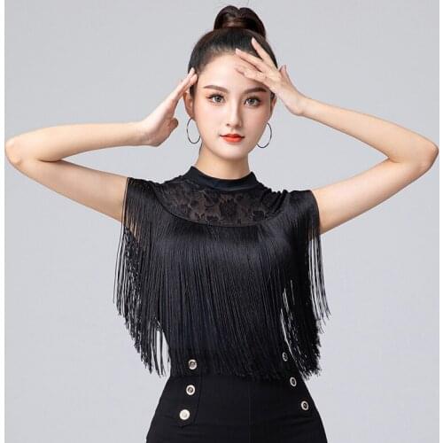 Women Latin Dance Performamnce Tops Tassel Fashion Sexy Lace Neck Fringe Design Latin Dancing Dress Cloth Tango Chacha Dancing