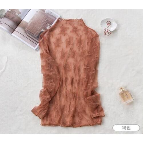 Spring Women Long Sleeve Turtleneck Lace Embroidery Shirt Sexy Blouse Lady Blouse Perspective Mesh Female Shirts Tops X70