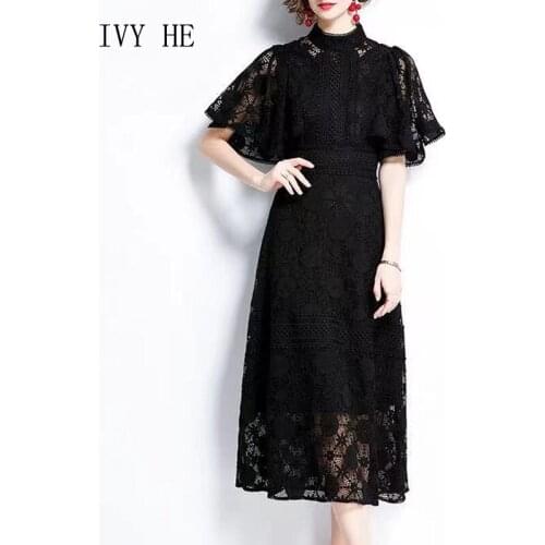 IVY HE High Quality Summer Dress Woman Clothing Noble Black Lace Petal Sleeve Midi Long Dress Traf Robe ZA Vintage Party Dresses