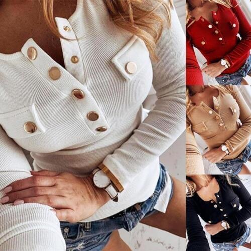 2020 New Elegant Metal Button Shirts Blouse Women Solid Autumn Long Sleeve Ribbed tops Female Sexy V-Neck Slim Pullovers Blusas