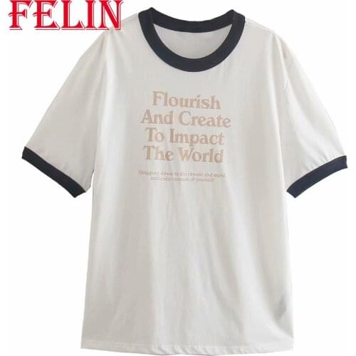 Za Casual Cotton White T-Shirts Women Letter Print Oversized Patchwork Short Sleeve T-Shirts Mujer Vintage Chic Mujer Tops