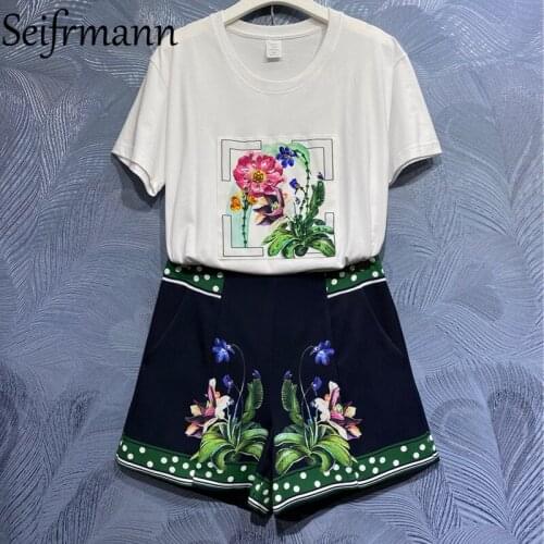Seifrmann New 2021 Summer Women Fashion Runway Shorts Set Short Sleeve Crystal T-Shirts + Dot Printed Shorts 2 Two Pieces Suits