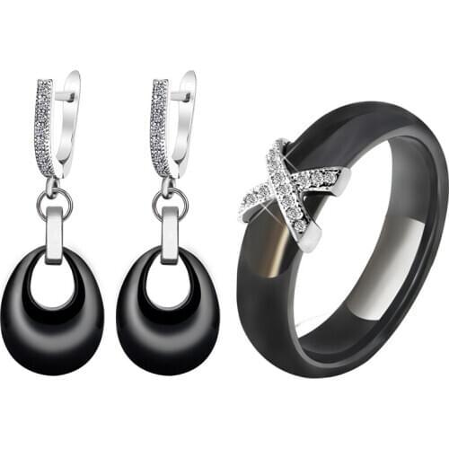Jewellery Statement For Women Set Black White Water Drop Earrings Fashion Wedding Jewelry X Cross Ceramic Rings With Crystals