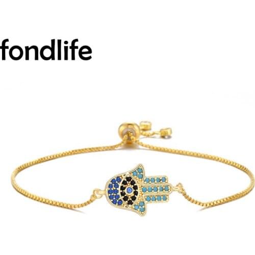 AAA Cubic Zirconia Stones Gold-plated Hamsa Hand Evil Eye Lucky Charm Bracelet Women Girl 2021 New Fashion Fatima Jewelry Gift