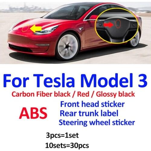 10pcs 30pcs For Tesla Model 3 Car Decoration Red/carbon fiber Front Head Sticker Rear Trunk Decal Covers Steering Wheel Label