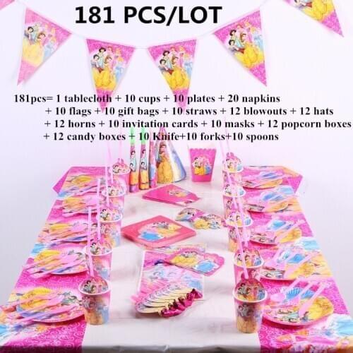 181 pcs/lot Disney Princess Theme Cartoon Party Set Cup Tableware Plate Tablecloth Birthday Napkins Baby Shower Party Decoration
