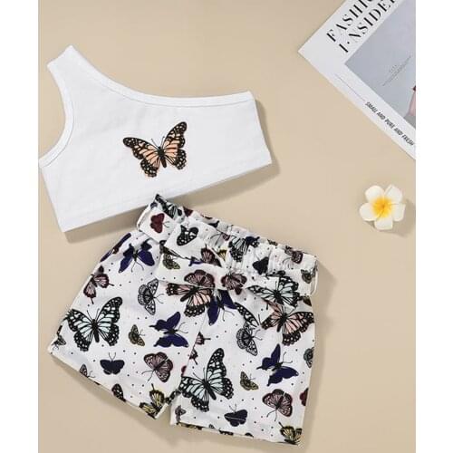 2021 Fashion Kids Girls Clothes Sets Butterfly Print One Shoulder Sleeveless Short Tops Shorts 2pcs Summer Children Clothing