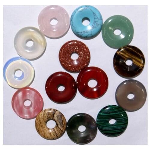 35mm natural stone tiger eye Quartz Crystal Opal Turquoises circle donut charms pendant for diy jewelry making necklace 1pcs