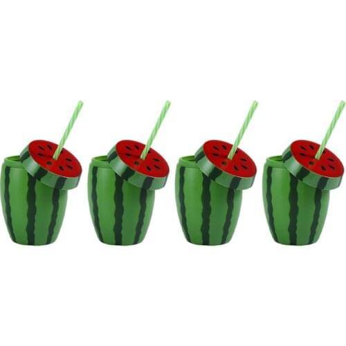 4pcs Disposable Watermelon Shape Cup Drinking Cups Party Cup with Lid and Straw