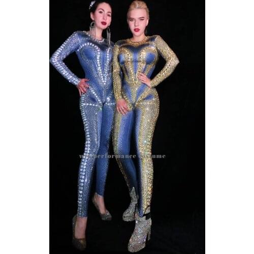 Sparkly Silver Gold Rhinestones Long Sleeve Jumpsuit Sexy Leggings Women Party Night Club Outfit Singer Dancer Costume