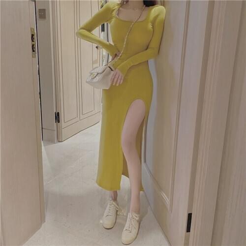 C2647 Spring autumn 2020 new women fashion temperament round neck long sleeve slim slit dress cheap wholesale