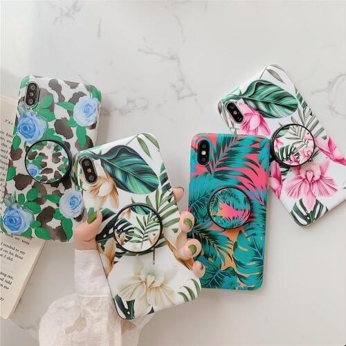 Stand Holder Fresh Tropical Leaves Flower Floral Phone Case For iPhone 11 12 Pro XS Max XR X 6S 7 8 Plus Soft Back Cover Coques