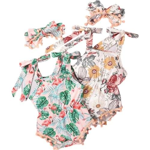 0-24M Newborn Summer Baby Girl Romper Sleeveless Tie Up Flower/Flamingo Print Square Neck Playsuit with Pompoms+Headband 2pcs