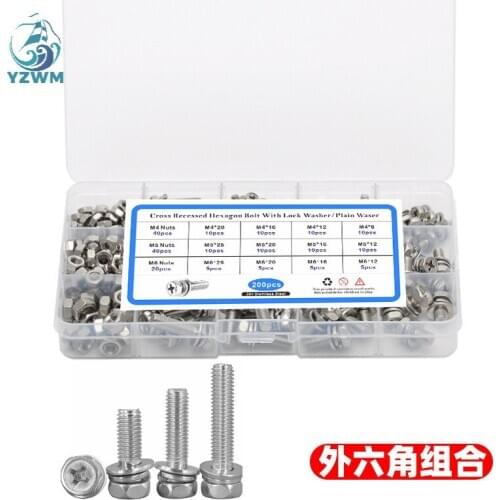 Gb9074.13 Hexagon Cross Recess Flat Elastic Pad Three Combination with Nut Set M4m5m6, 200pcs In Box