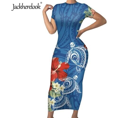 Jackherelook Summer Midi Pencil Dress Polynesian Samoan Hawaii Hibiscus Turtle Print Female Tunic Bodycon Dresses for Teen Girls