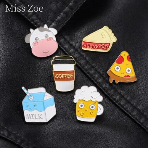 Kawaii Milk Toast Enamel Pins Custom Coffee Beer Sandwich Pizza Food Brooches Backpack Cartoon Cows Badges Gifts For Kids Jewely