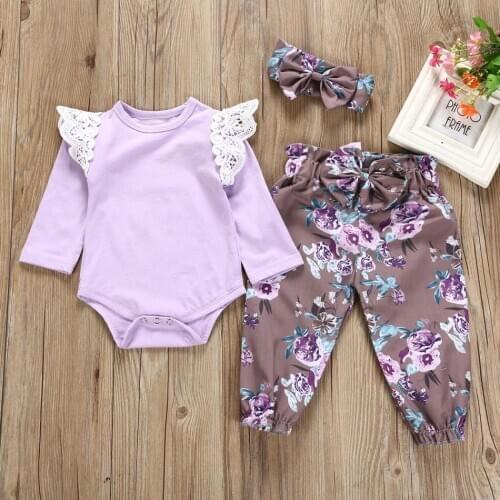 Baby Girl Rompers Clothes Fall Spring Infant Girls Ruffle Bodysuit Long Sleeve Romper+Floral Pants+Headband 3 Pcs Outfits Set