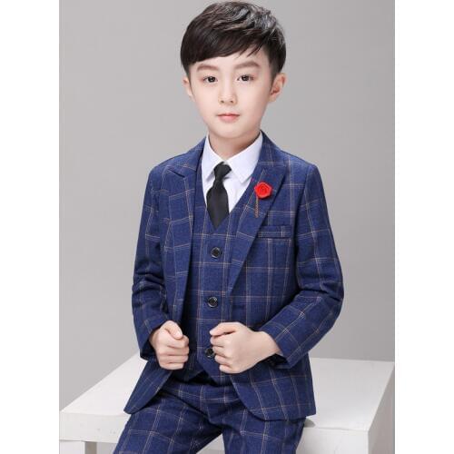 6pcs Formal Children Plaid Dress Suit Set Flower Boys Handsome Wedding Performance Party Costume Kids Blazer Vest Pants Shirts