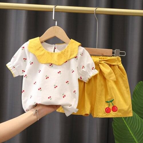 Summer baby girl clothes outfit sets infant cherry short sleeve top shorts suit for baby girl clothing 1st babies birthday sets