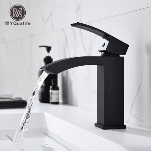 Matte Black Basin Vessel Sinks Mixer Faucet Single Handle Countertop Waterfall Square Bathroom Washing Mixer Taps Deck Mounted