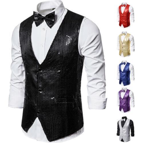 Fashion New Mens Sparkling Sequined Bowtie Vest Waistcoat Slim Fit Dress Suit Stage Costume Dinner Cosplay Stage Show Clothes