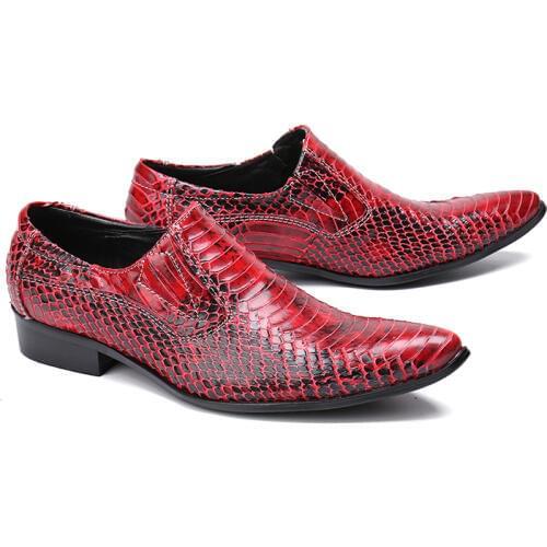 Ins Fashion Italian Mens Shoes 47 Pointed Toe Mens Snakeskin Leather Business Formal Dress Shoes Gorgeous Red Men Wedding Shoes