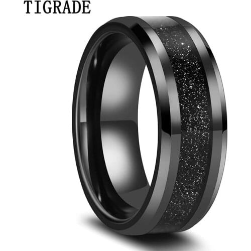 Tigrade 8mm Mens Tungsten Carbide Ring Wedding Bands Black Sandstone Inlay High Polished Beveled Edges Size 7-13
