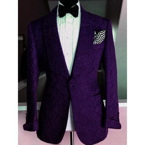 2019 New Design Custom Made Groom Tuxedo Dark Purple Floral Printed Men Suit Set For Wedding Prom Best Man Suits With Pants