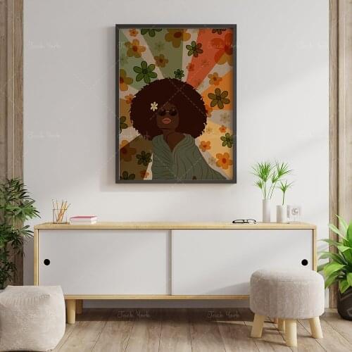 70s Wall Art, Retro Wall Decor, 70s Woman Print, Floral Art, Vintage Poster, Black Woman Wall Art, Retro 70s Home Decor