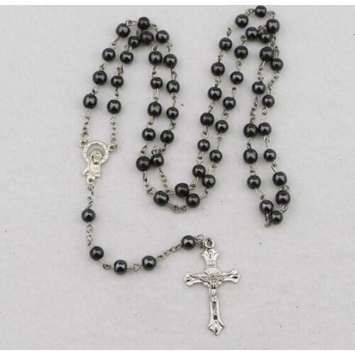 Hematite beads cross rosary necklace catholic rosary jesus religious cross pendant necklace