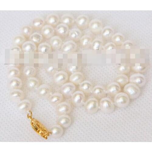 Genuine 17" 9-10mm near round white freshwater pearls necklace E9012