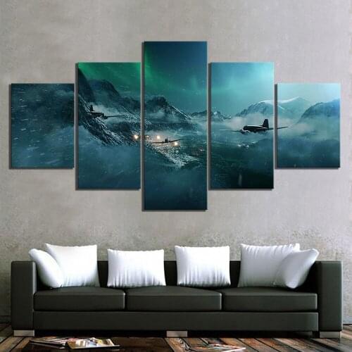 Canvas Printed Poster Home Decor 5 Panel Video Games Battlefield Aircraft Scene Painting Artwork Modular Bedroom Framework