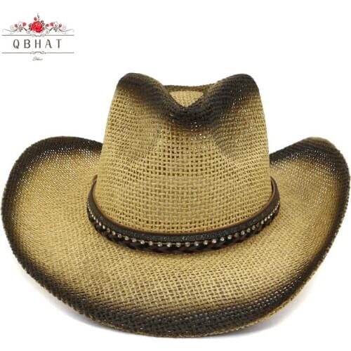 QBHAT Black Paint Spraying Cowboy Straw Hats Women Men Outdoor Seaside Sunshade Hat Unisex Wide Brim Sunhat Sunscreen Cap