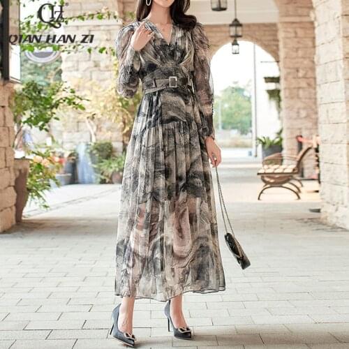 Qian Han Zi Fashion Summer Long Womens Dress 2021 vintage Ink painting print V-neck elegant Slim belt Vacation beach maxi dress