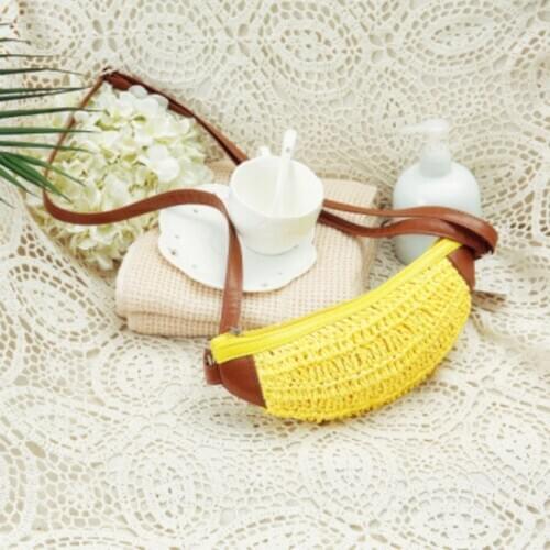 Fashion A Banana Messenger Fruit Hand HandBag Lovely Kawaii Straw Woven Phone Beach Zipper Bag Crossbody For Women