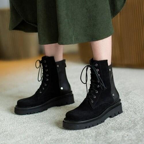 Mordoan Genuine Cow Leather boots womens thick-soled Nice autumn British style round toe lace-up ankle boots women