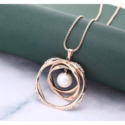 3 Rotatable Circle with Pearl Pendant Necklace For Women Gold Silver Color Sweater Chain Long Necklace Luxury Jewellery 2021 New