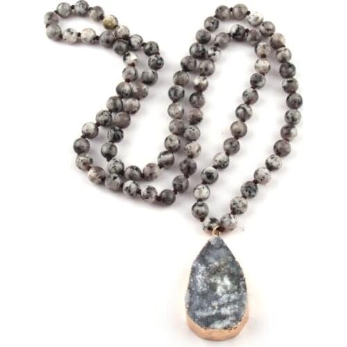 MOODPC Fashion Natural Map Stone Long Knotted Druzy Drop Pendant Necklace Women Lariat Necklaces