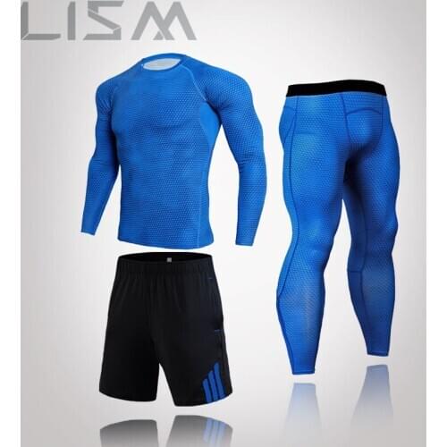 3 Pieces/Set Of Mens Track Suit Gym Fitness Compression Sports Suit MMA Compression Sports Suit Snake Skin Bodybuilding T-Shirt