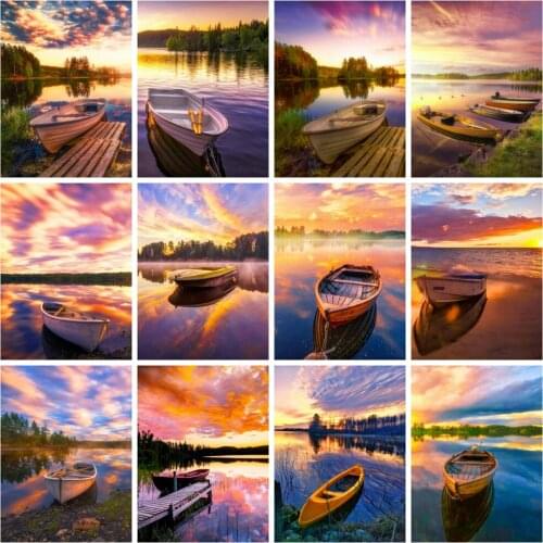 Huacan Diamond Painting Ferry Sunset River Scenery Full Square/round Mosaic Embroidery Ship Natural Landscape Home Decor