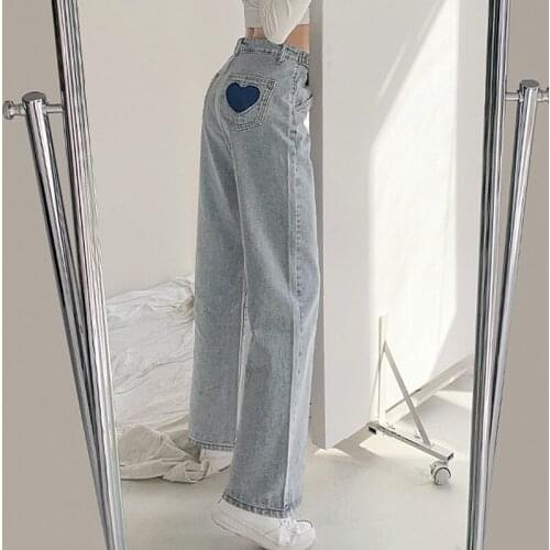Spring Women Jeans Casual Wide Leg Love Stick Pocket High Waist Loose Denim Pants Autumn Wash Blue Straight Trousers
